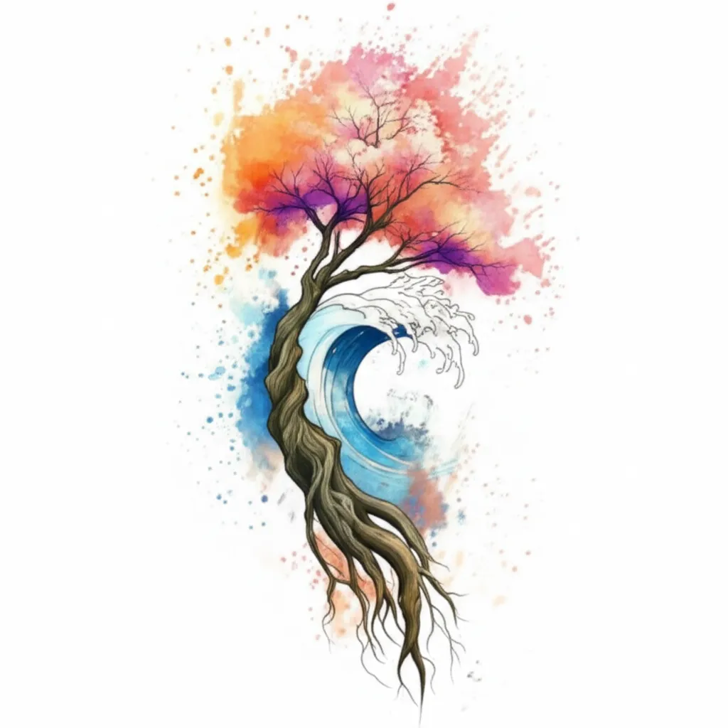 Watercolor Tree of Life Tattoo with Great Wave and Cherry Blossoms Watercolor Tree of Life Tattoo with Great Wave and Cherry Blossoms