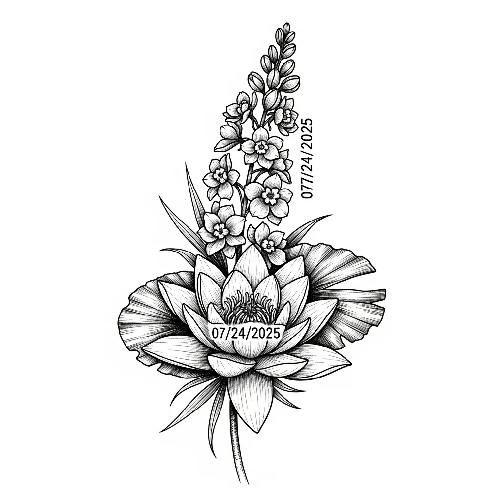 Illustrative Water Lily and Larkspur Tattoo Design with Date