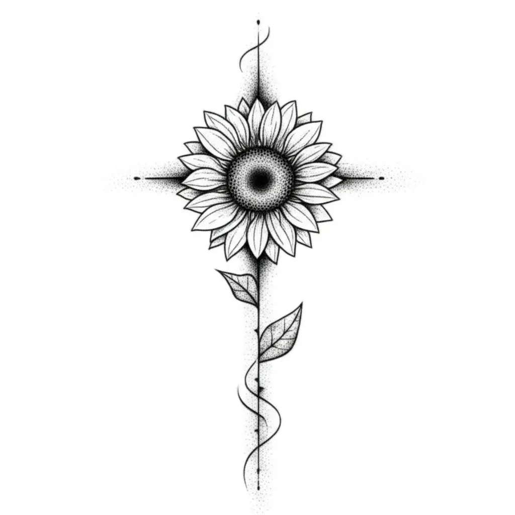 Simple Line Cross with Sunflower Fine Line Tattoo Design Simple Line Cross with Sunflower Fine Line Tattoo Design