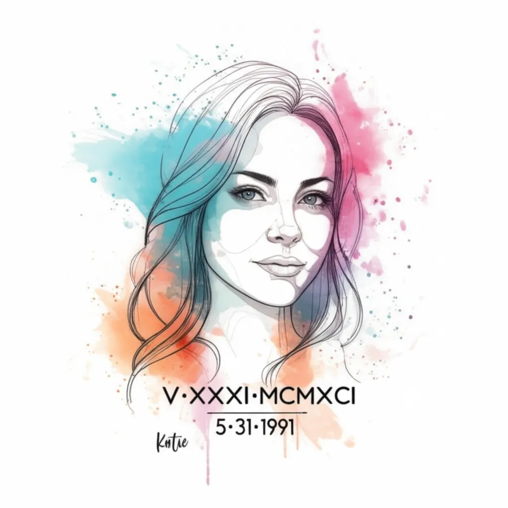 Watercolor Forearm Tattoo: Roman Numerals, Date, and Name