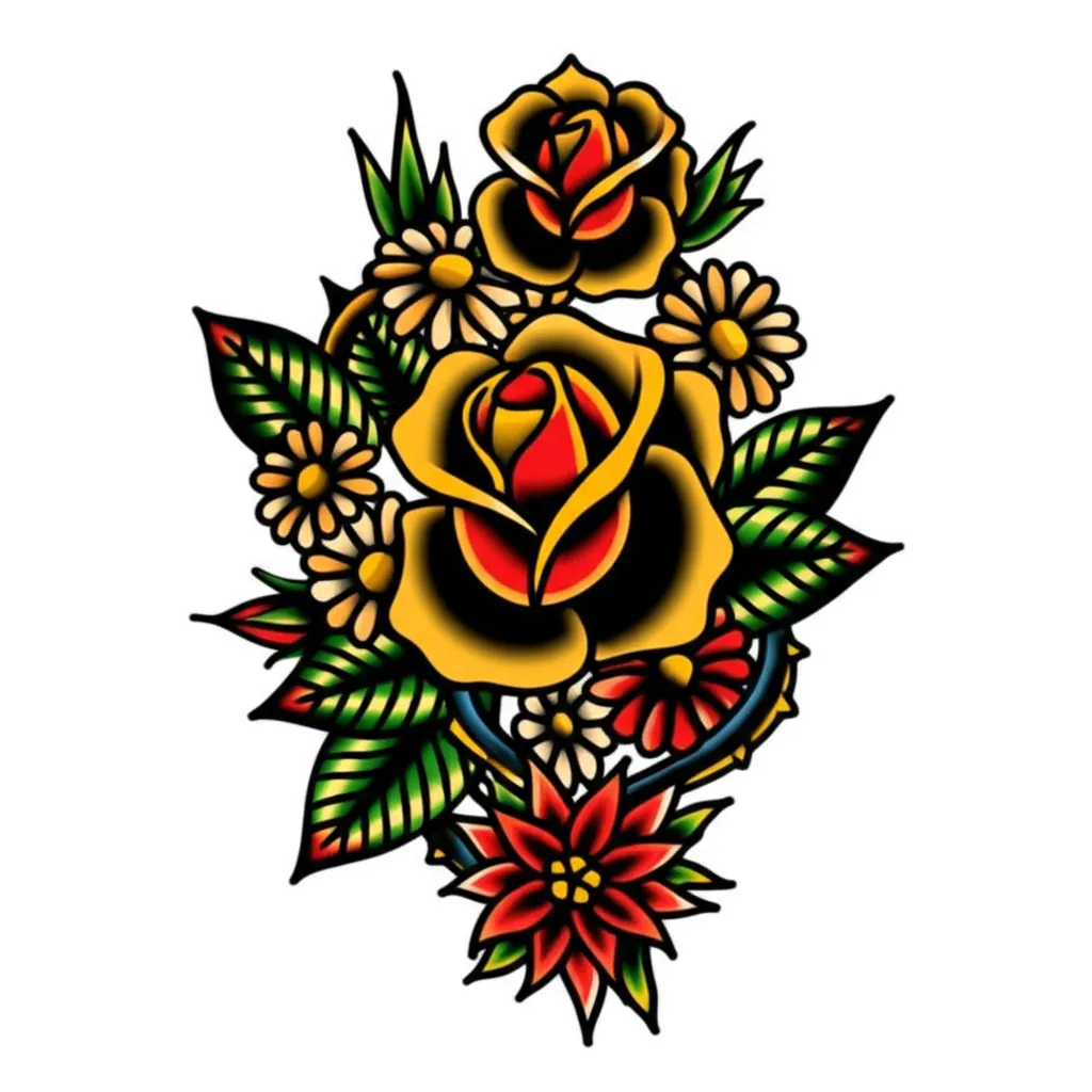 American Traditional Floral Tattoo: Roses, Carnations, Daisies & More American Traditional Floral Tattoo: Roses, Carnations, Daisies & More