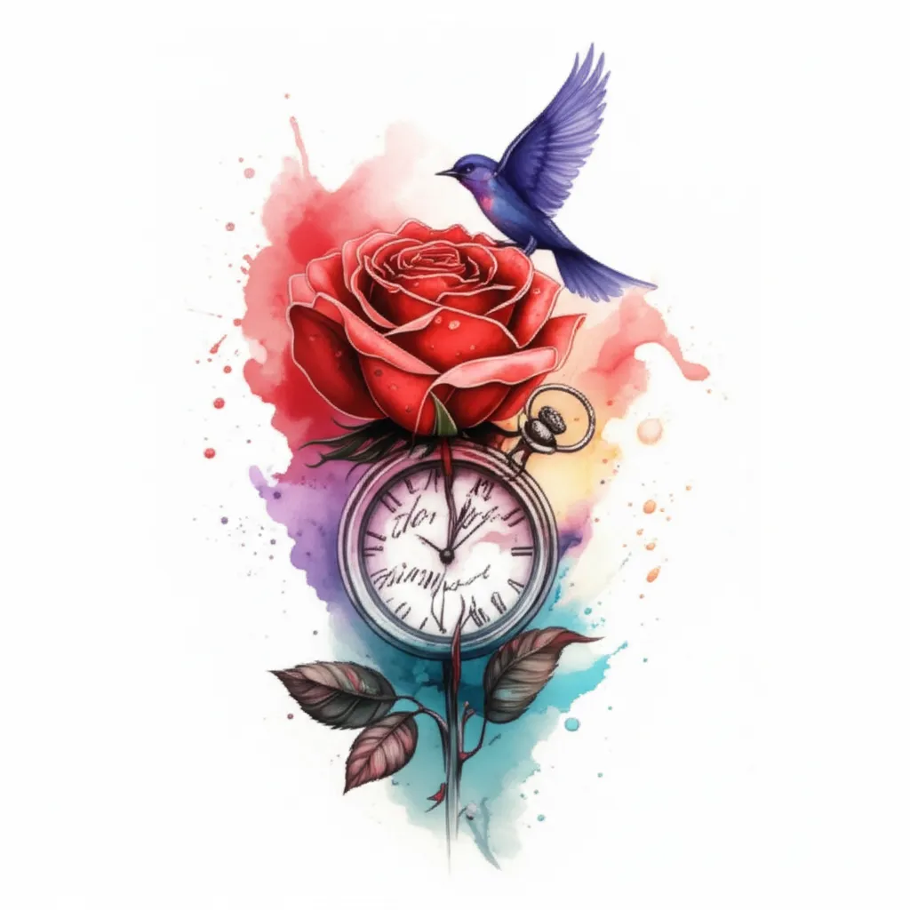 Watercolor Rose, Clock, and Bird Memorial Tattoo Design