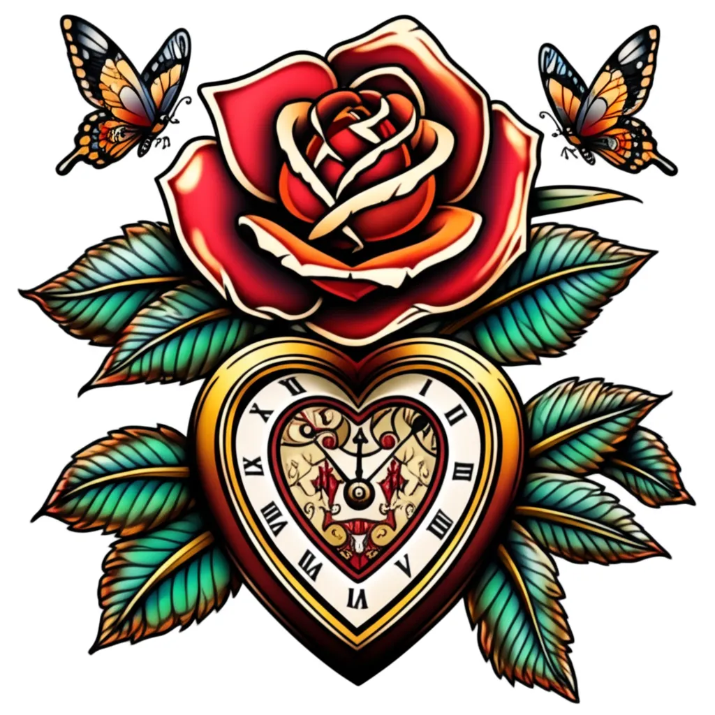 Neo-Traditional Rose, Heart Clock, and Butterfly Tattoo Design Neo-Traditional Rose, Heart Clock, and Butterfly Tattoo Design