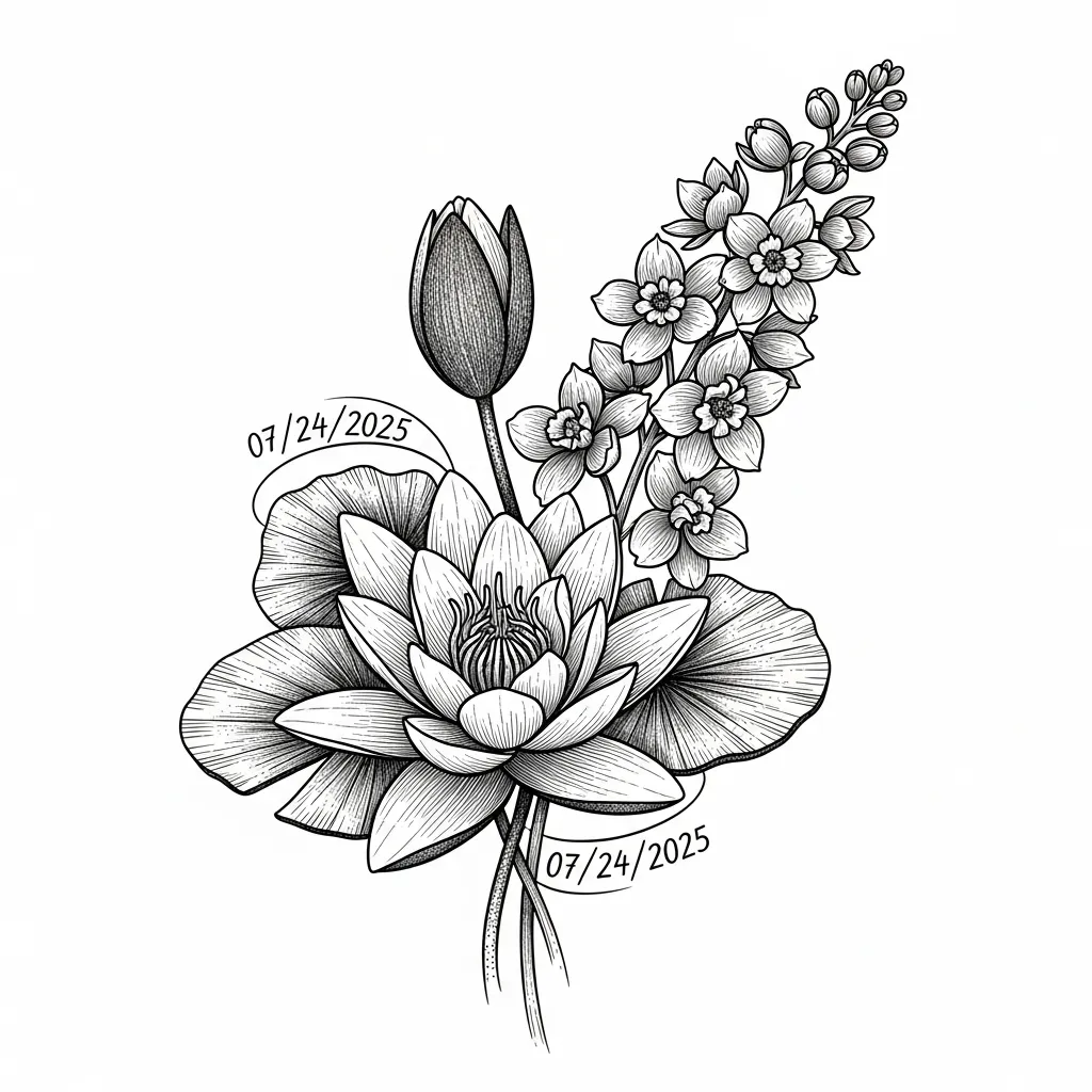 Elegant Illustrative Water Lily and Larkspur Floral Tattoo Design