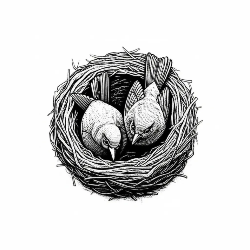 Sad Robins in Nest Blackwork Tattoo Design Sad Robins in Nest Blackwork Tattoo Design