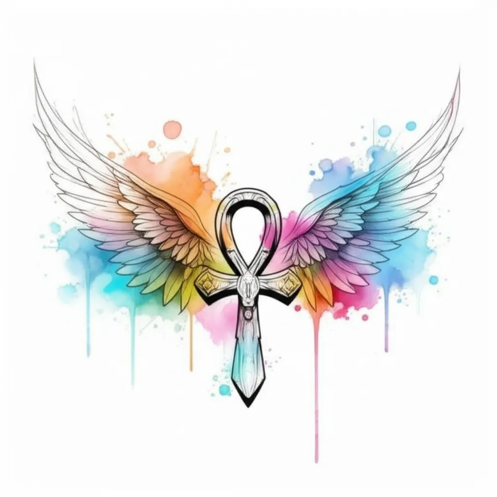 Watercolor Ankh with Wings Chest Tattoo Design