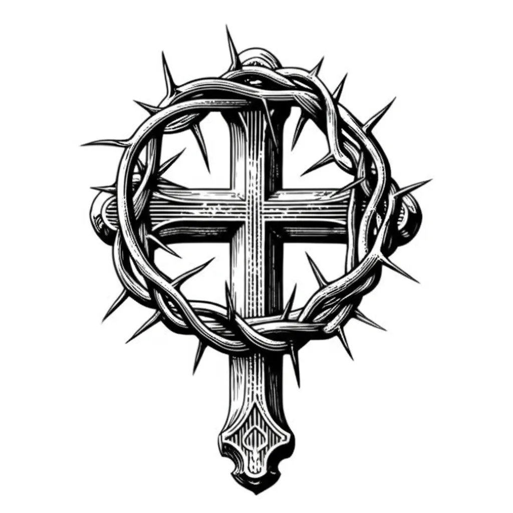 Blackwork Cross Tattoo with Thorn Crown Design Blackwork Cross Tattoo with Thorn Crown Design