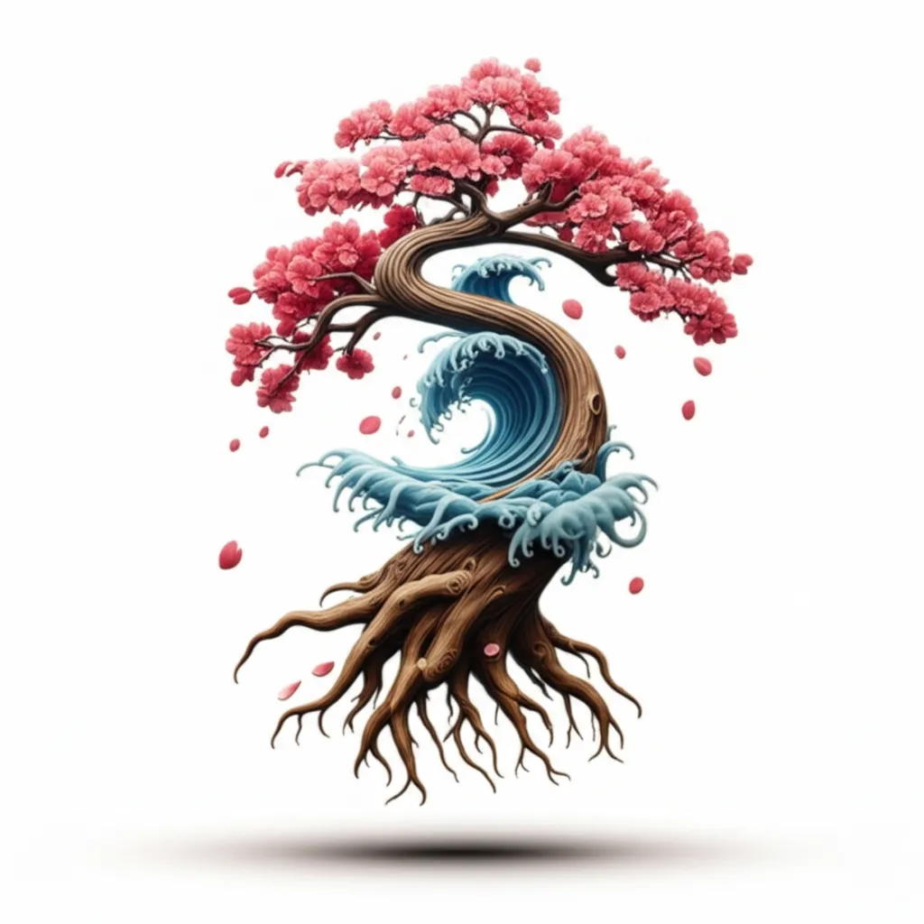 3D Cherry Blossom Tree Tattoo with Roots and Great Wave 3D Cherry Blossom Tree Tattoo with Roots and Great Wave
