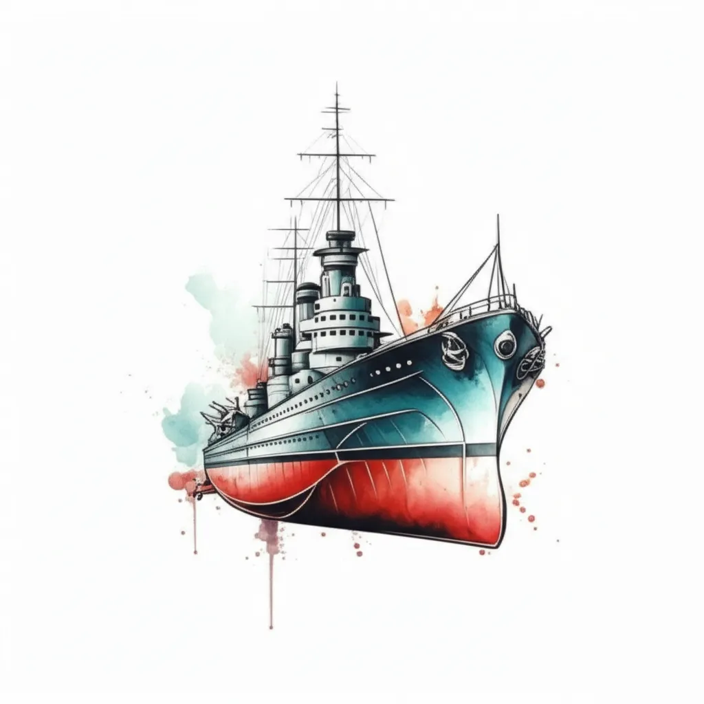 Watercolor Battleship Tattoo Design