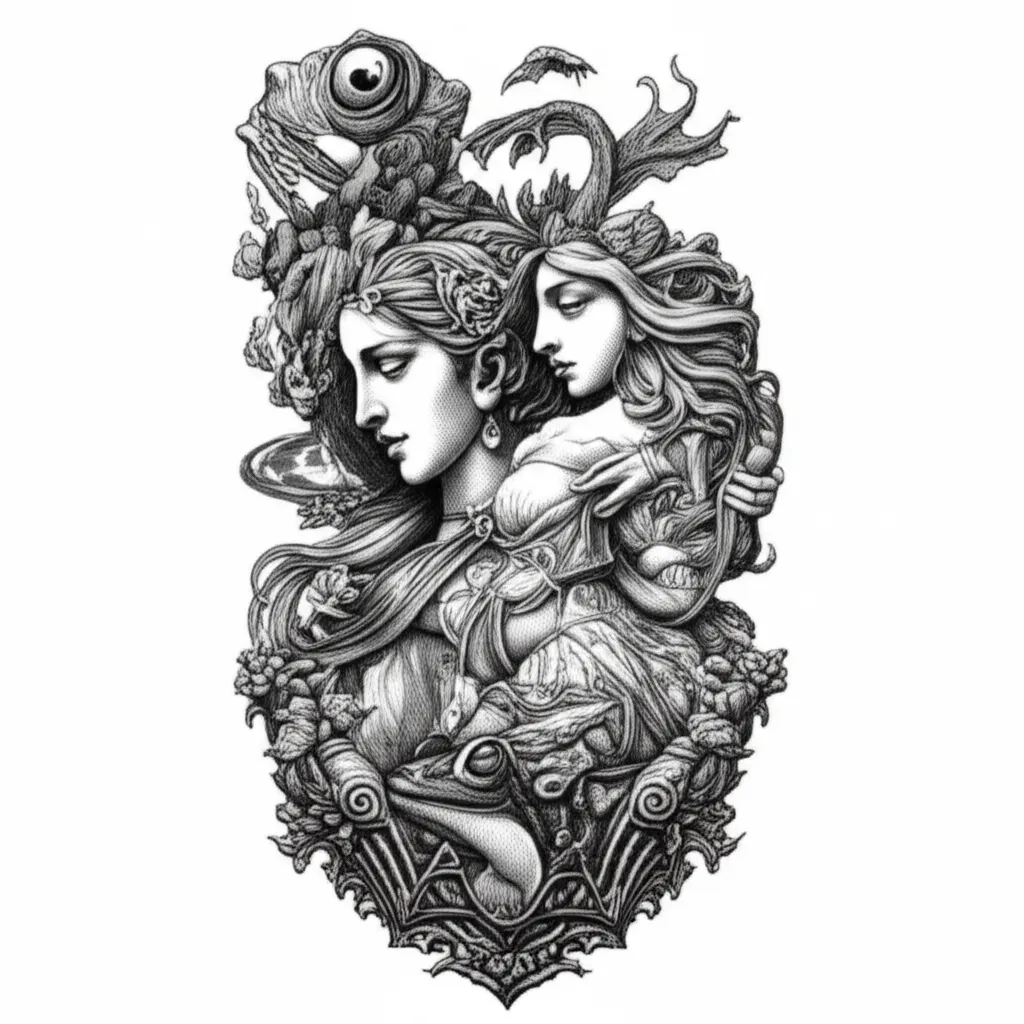 Illustrative Princess and the Frog Sleeve Tattoo Design