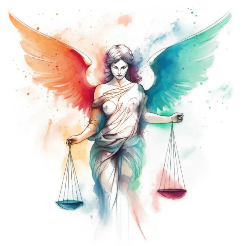 Guilty Angel Watercolor Tattoo with Scales of Justice & Geometric Details Guilty Angel Watercolor Tattoo with Scales of Justice & Geometric Details