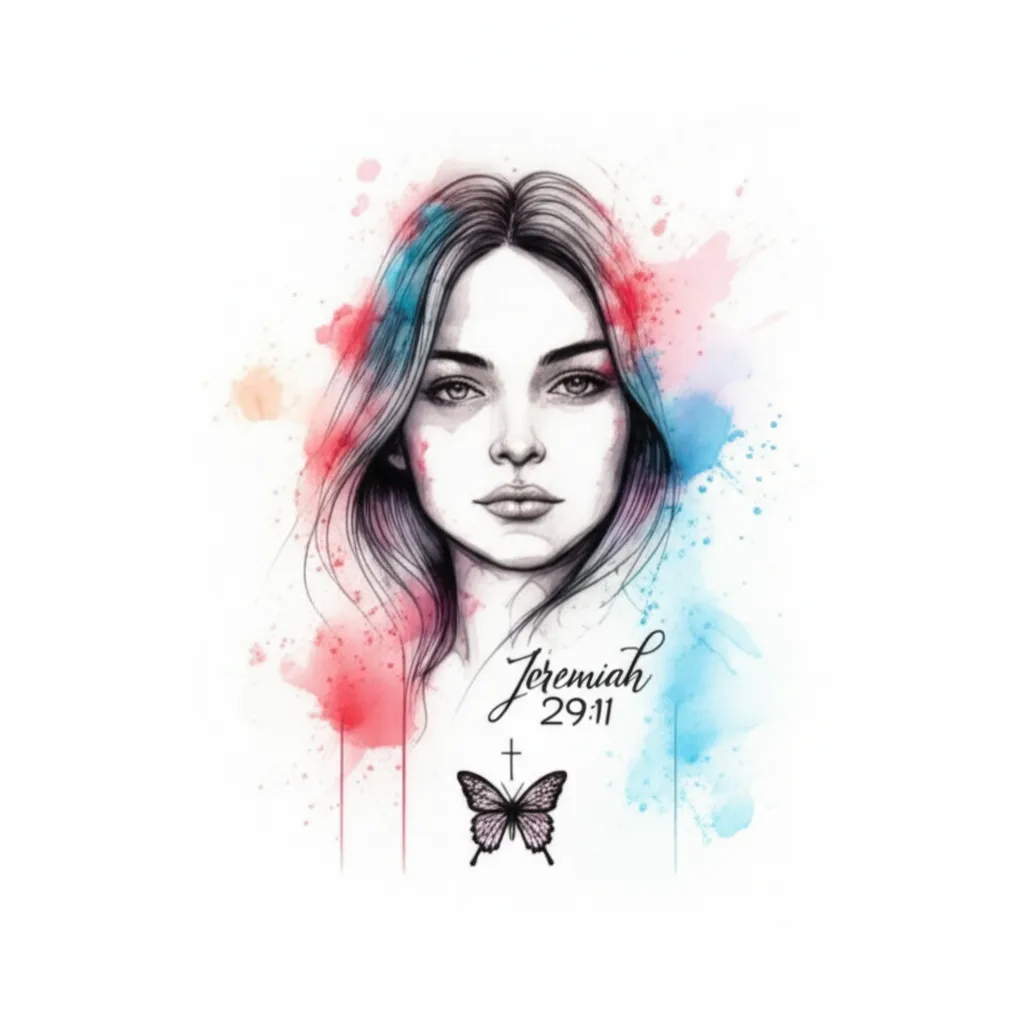 Jeremiah 29:11 Watercolor Tattoo with Cross and Butterfly Jeremiah 29:11 Watercolor Tattoo with Cross and Butterfly