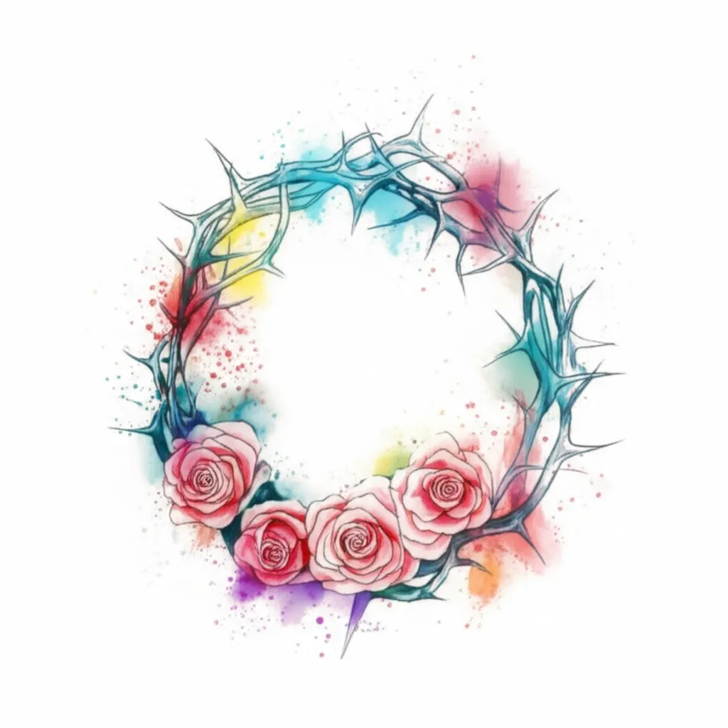 Watercolor Crown of Thorns with Roses Tattoo Design