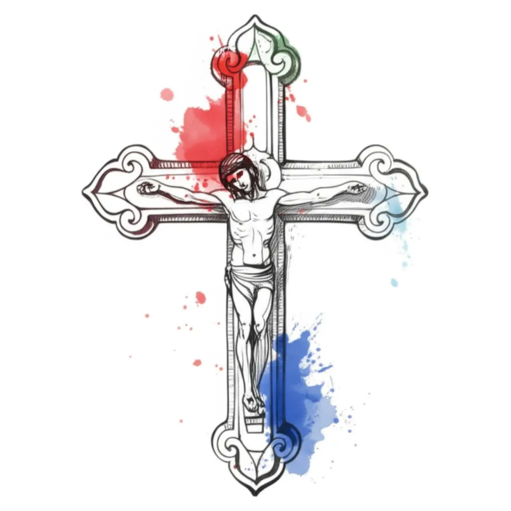 Watercolor Christian Cross Tattoo with Jesus on the Cross