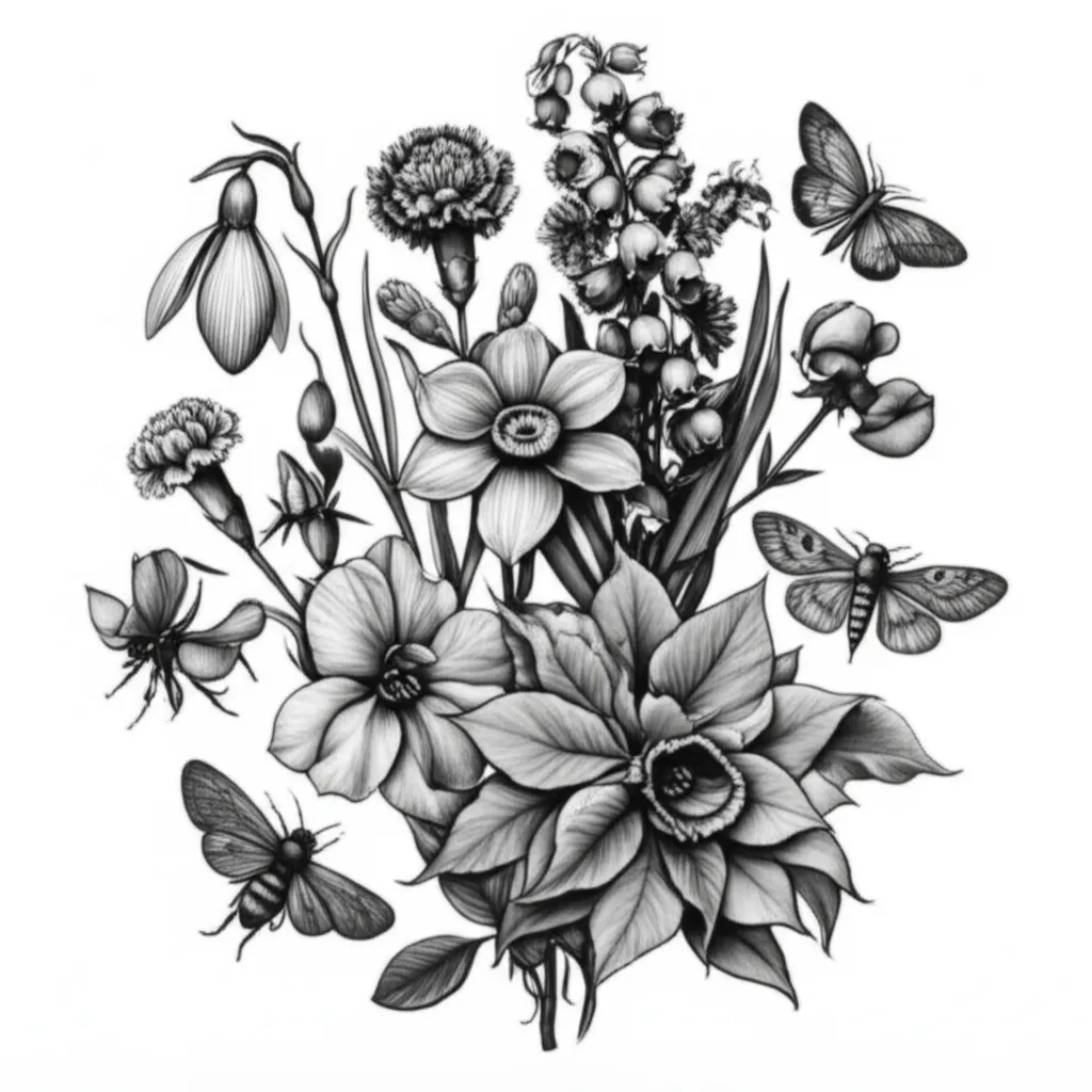 Black and White Gothic Floral Tattoo Featuring Carnation, Snowdrop, Daffodil, and More