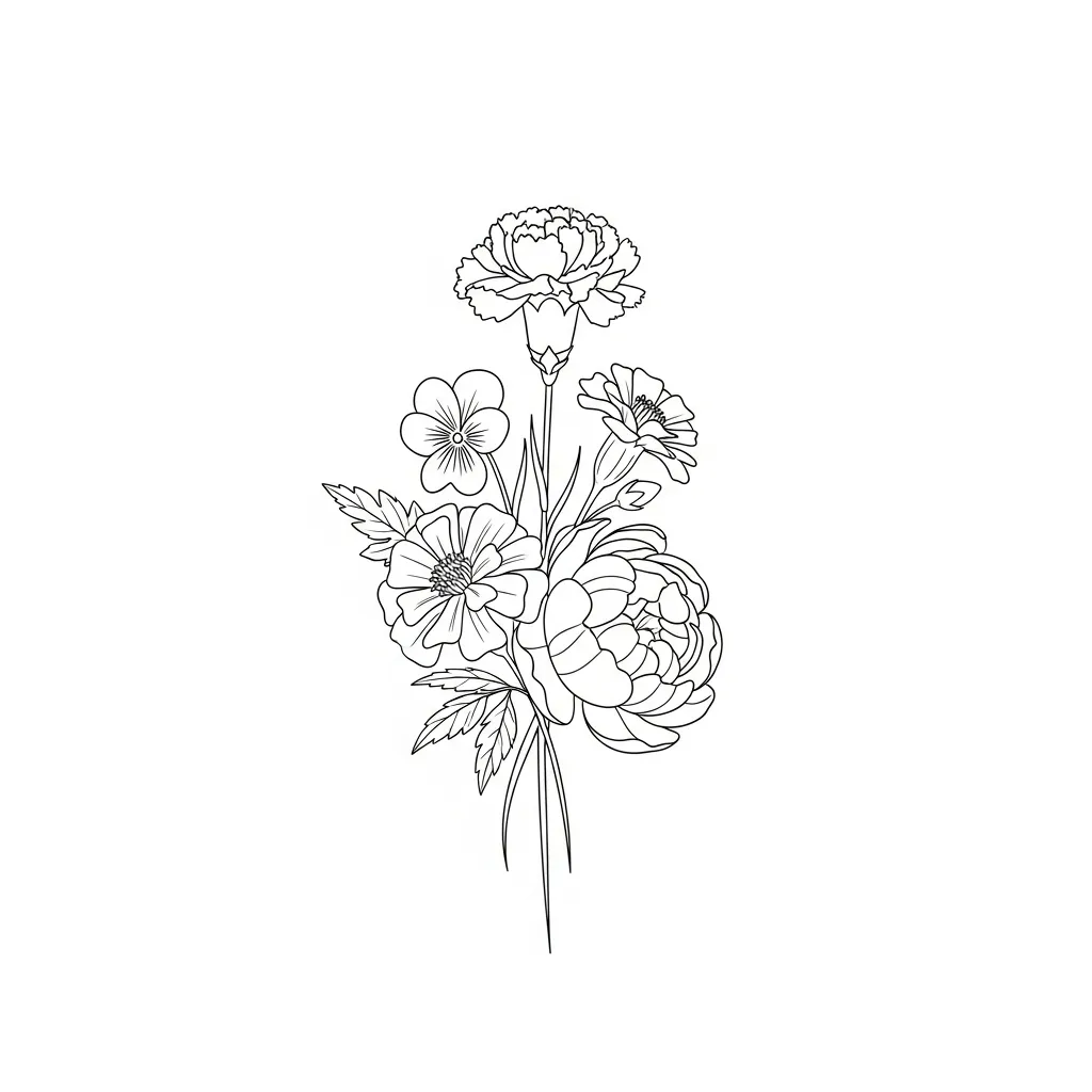 Minimalist Small Bouquet Tattoo of Carnation, Violet, Marigold & Peony