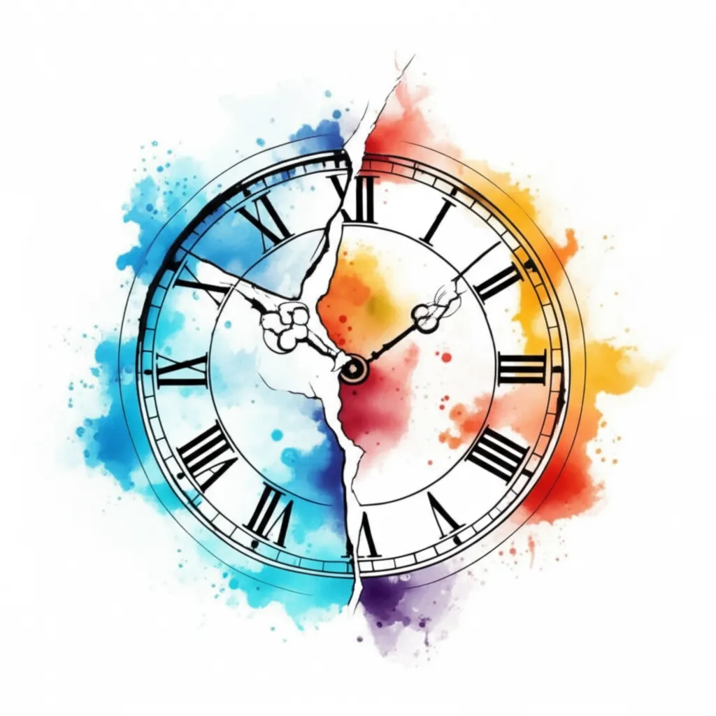 Broken Clock with Roman Numerals Watercolor Tattoo Design