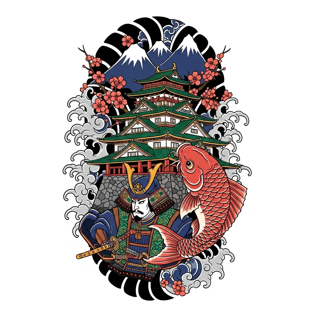 Traditional Japanese tattoo featuring samurai, koi fish, palace, and mountains