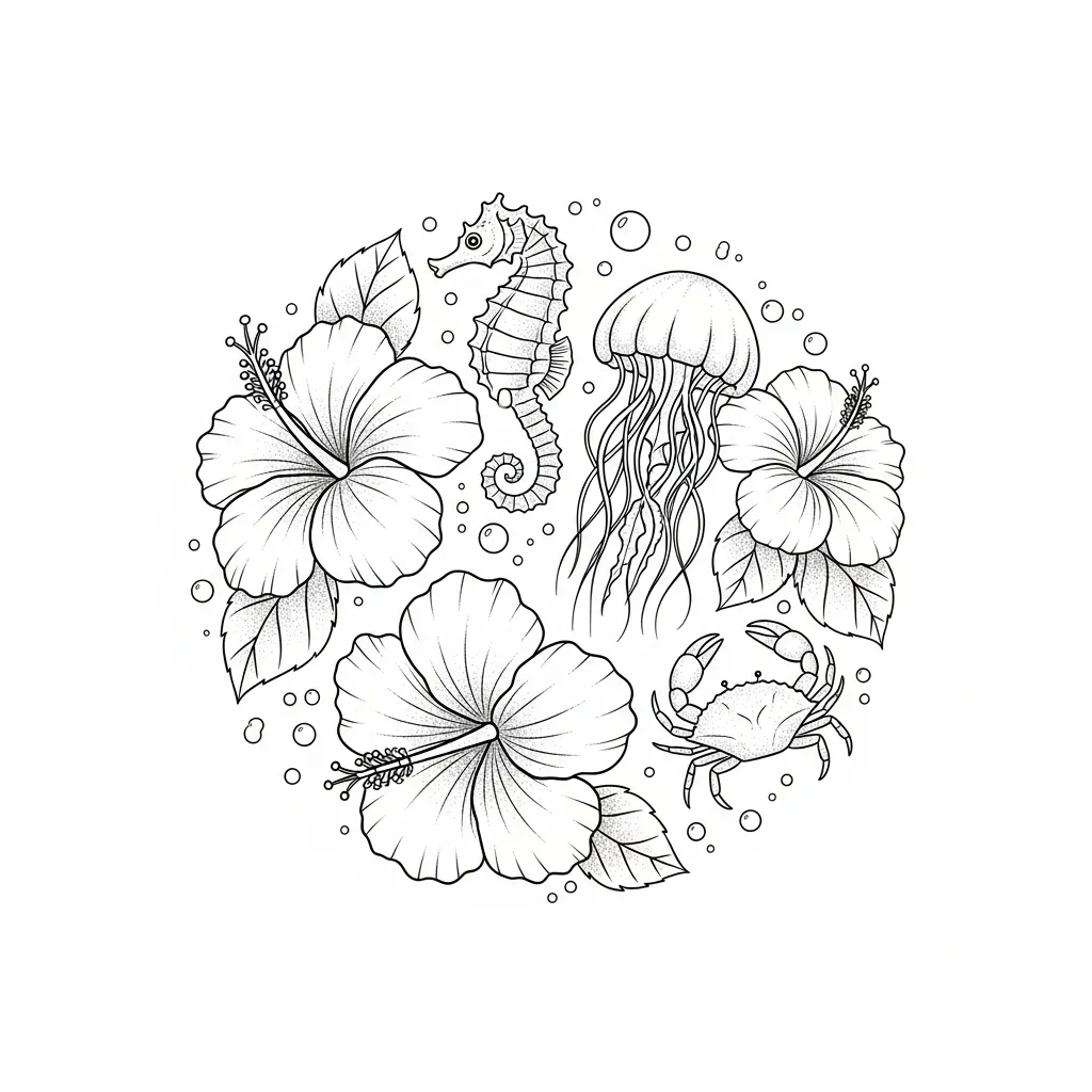 Fine Line Hibiscus Flowers and Sea Creatures Tattoo Design