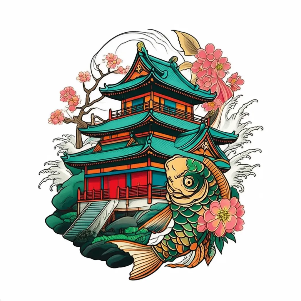 Japanese Traditional Tattoo Featuring Palace, Samurai Elements, and Koi Fish