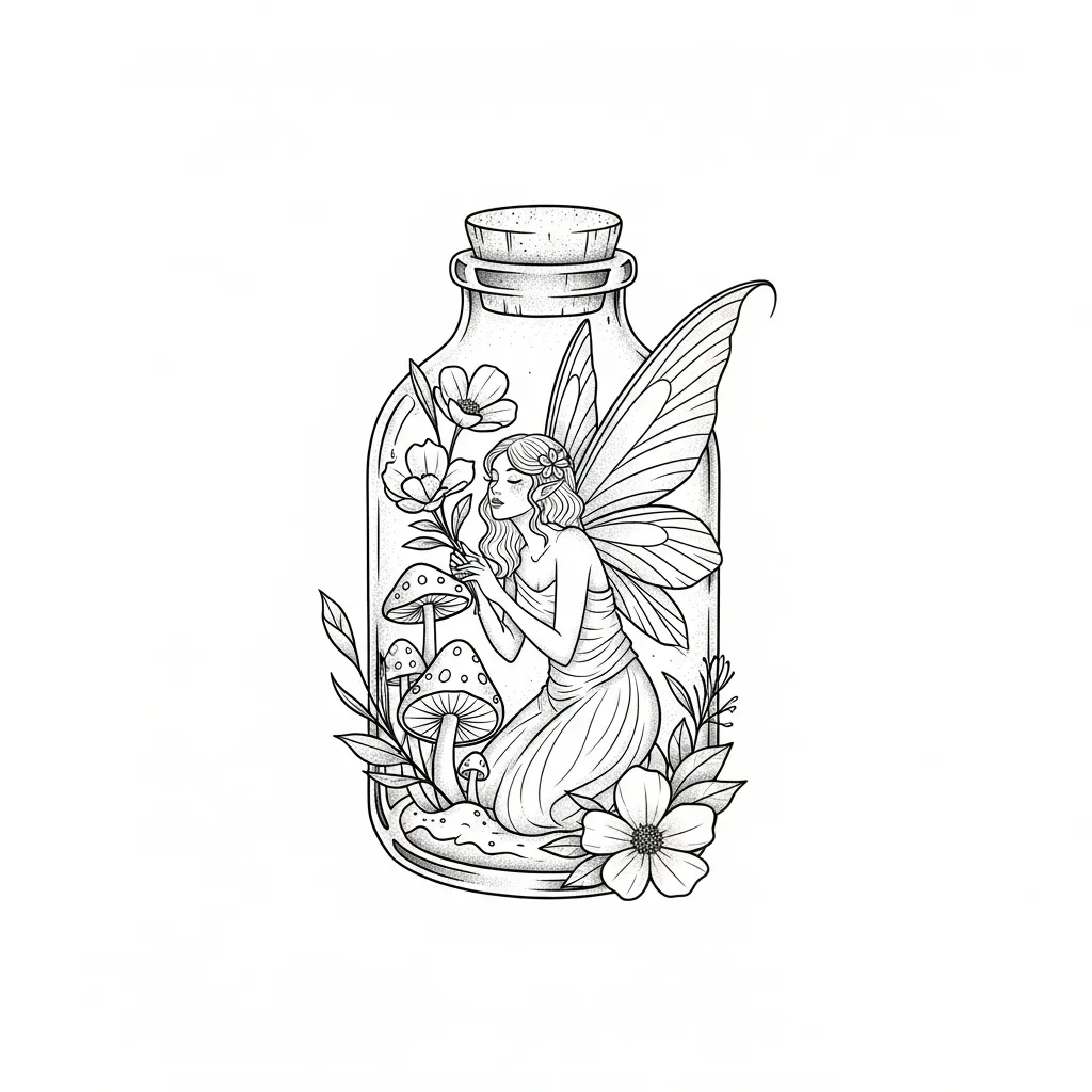 Fine Line Fairy Goddess Trapped in a Spell Jar Tattoo with Flowers and Mushrooms