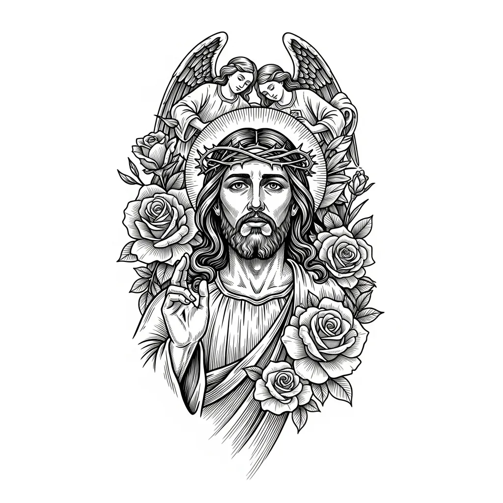 Illustrative Jesus Christ Tattoo with Roses and Angels Design