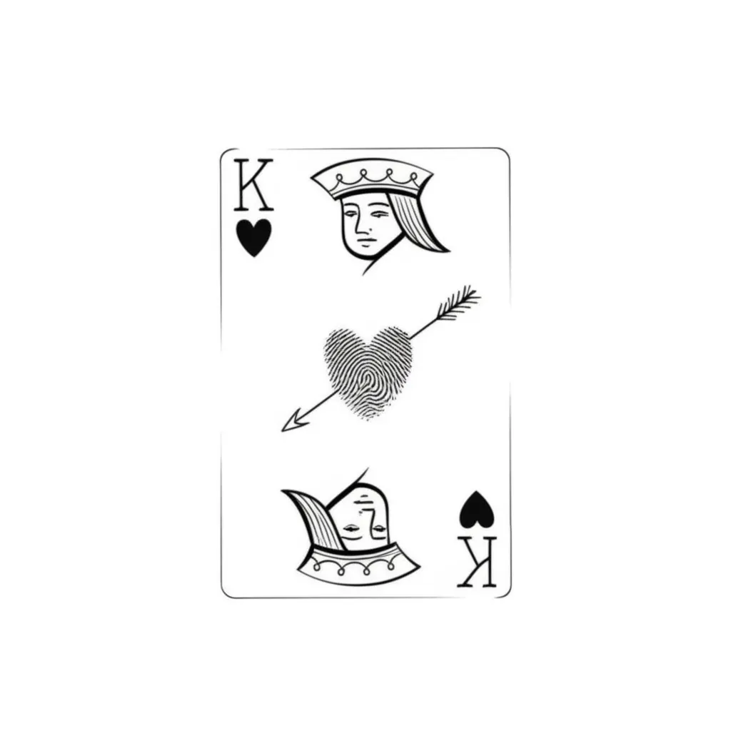 Minimalist King and Queen of Hearts Playing Card Tattoo with Fingerprint Heart and Arrow