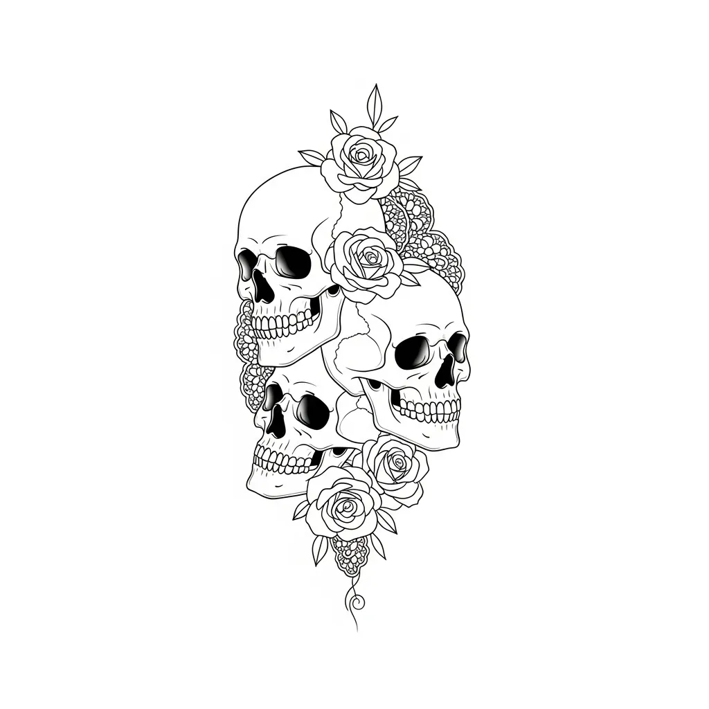 Minimalist Skulls with Roses and Lace Tattoo Design