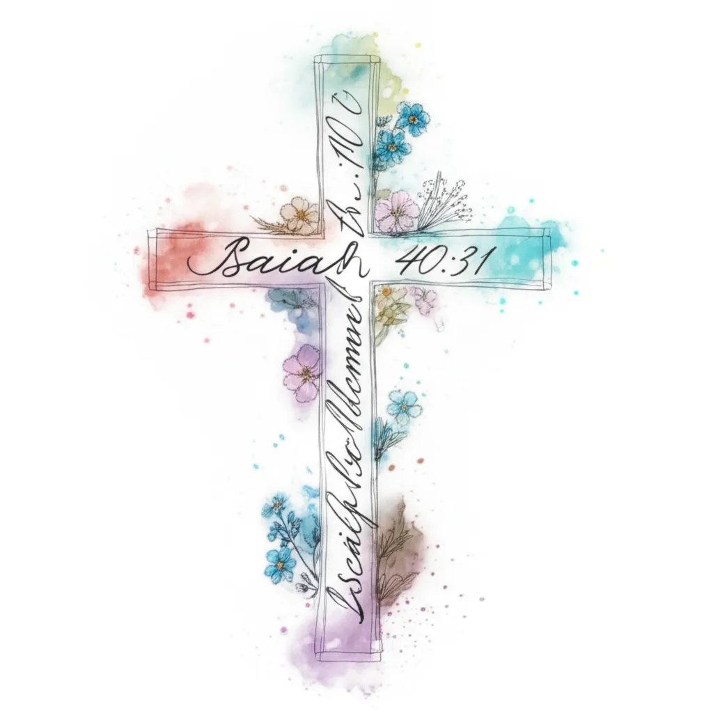 Delicate Western Cross Tattoo with Isaiah 40:31 and Dainty Flowers in Watercolor Style