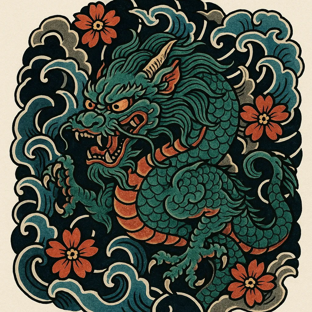 Traditional Japanese Dragon Tattoo with Floral Accent