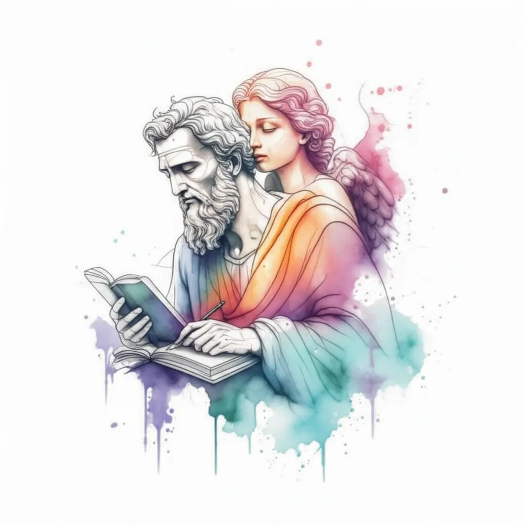 Watercolor Tattoo of Apostle Paul Writing with Angelic Guidance Watercolor Tattoo of Apostle Paul Writing with Angelic Guidance