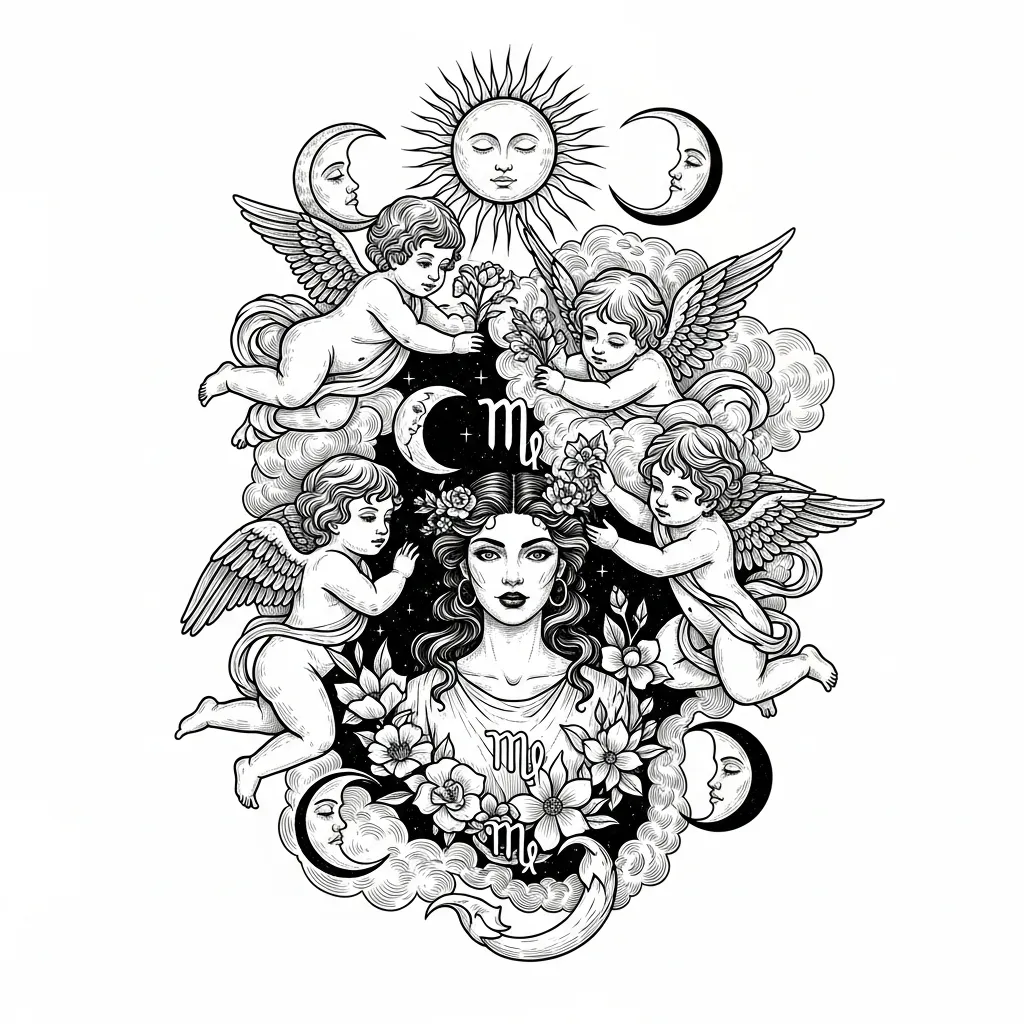 Illustrative Scorpio Goddess Tattoo with Angels, Sun, Moon & Flowers