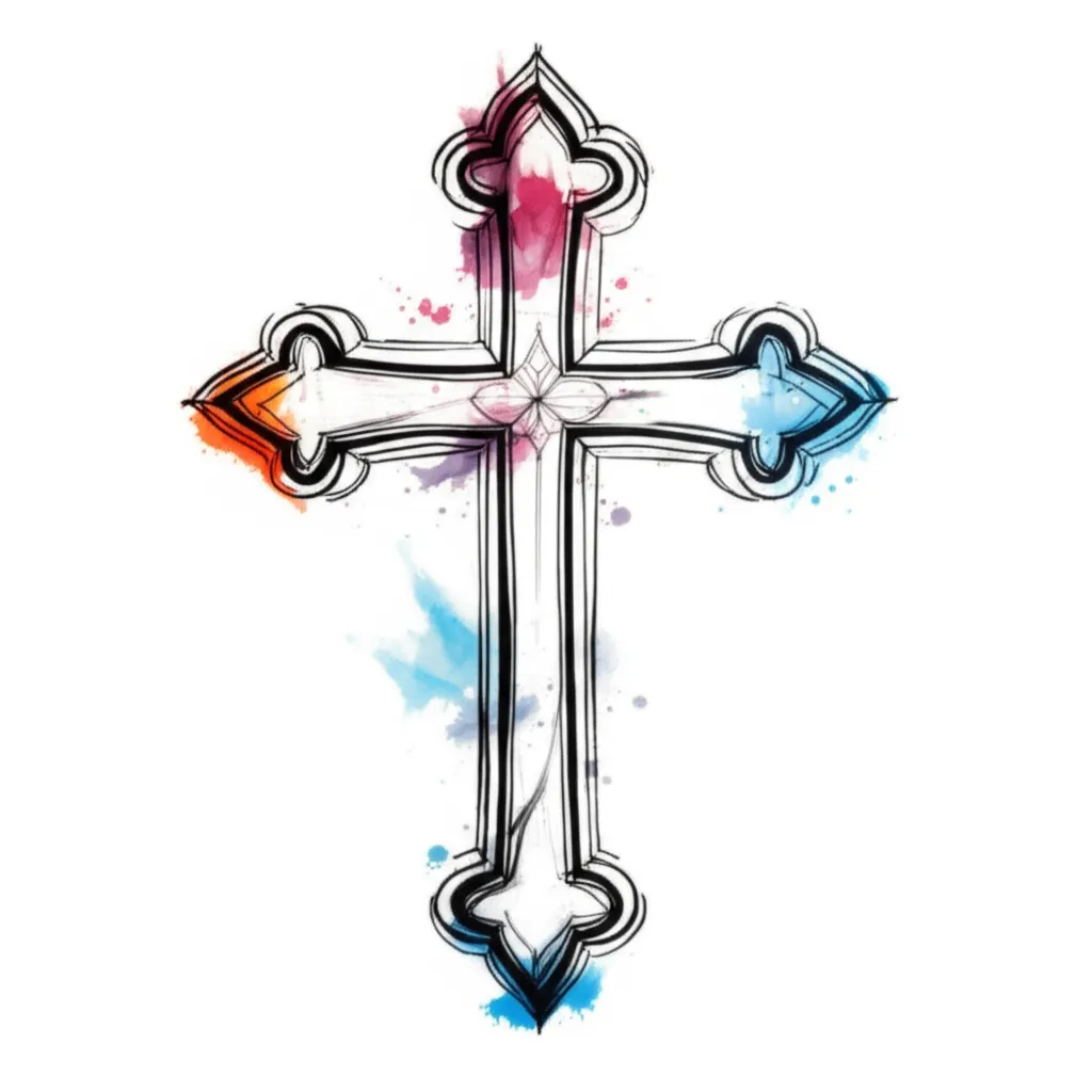 Watercolor Cross Tattoo Design with Vibrant Color Splashes
