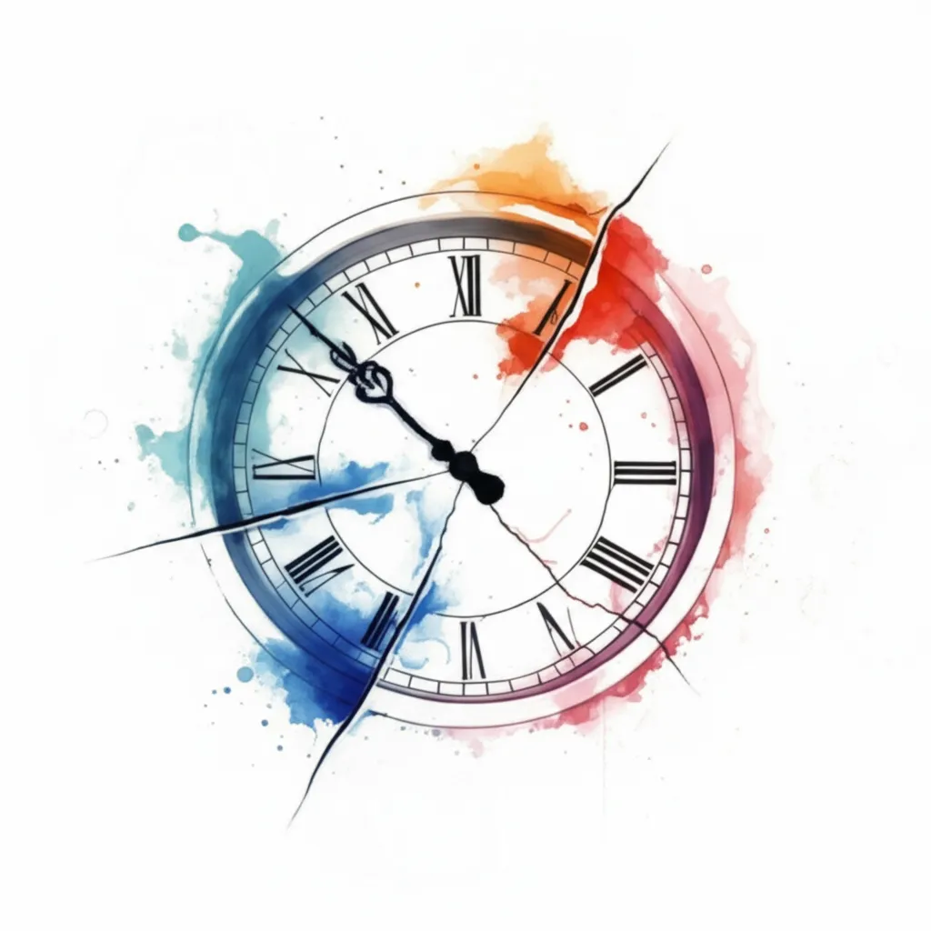 Broken Clock with Roman Numerals Watercolor Tattoo Design