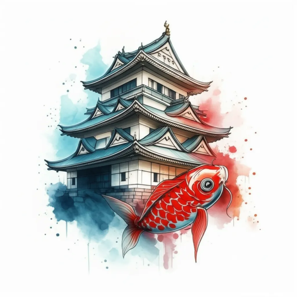 Watercolor Japanese Palace and Koi Fish Tattoo Design