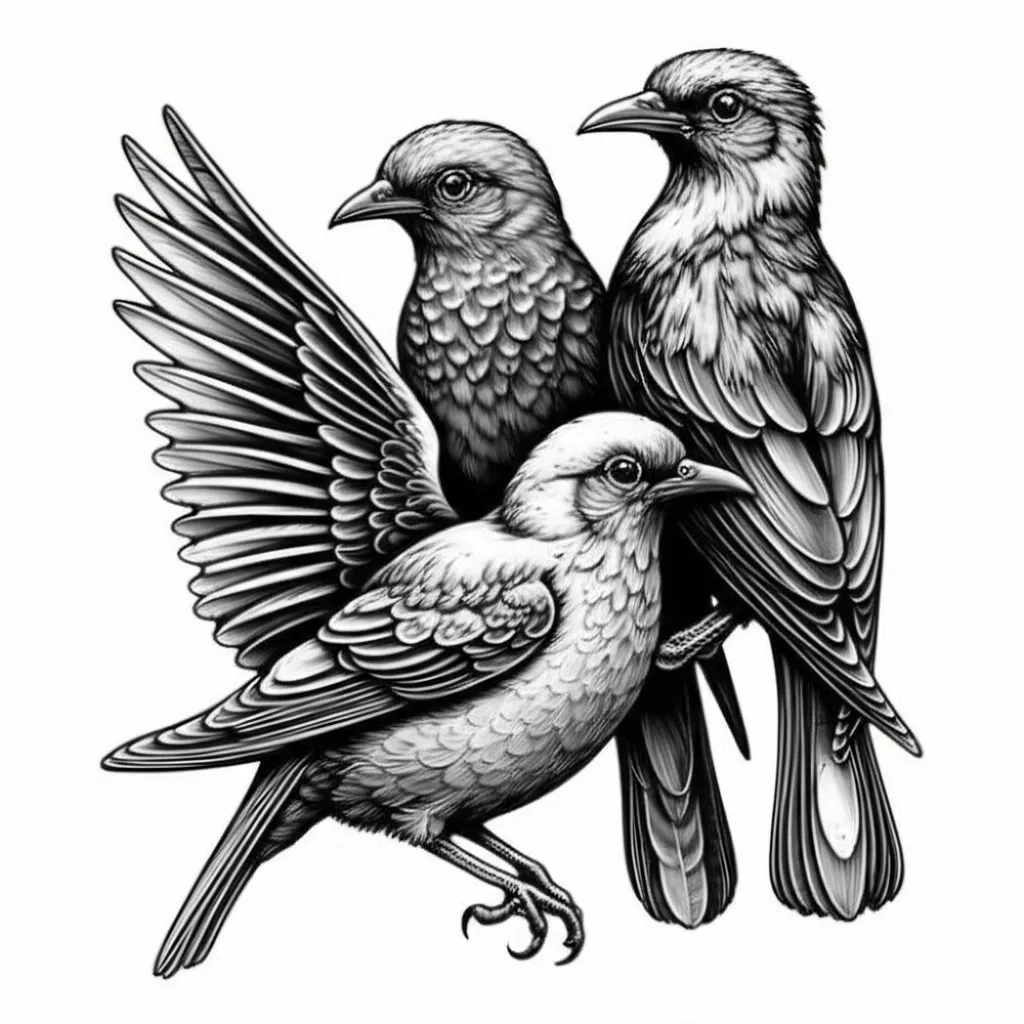 Gothic Dainty Birds Tattoo Design in Black and Gray