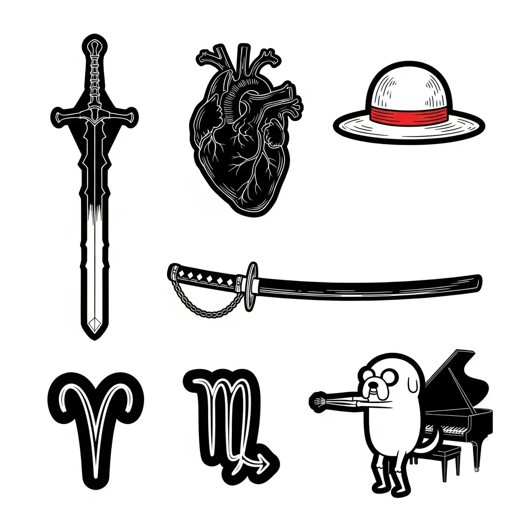 Unique X-ray Style Tattoo Design Featuring Finn Sword, Anatomy Heart, One Piece Straw Hat, Katana, Aries Zodiac, and Jake the Dog