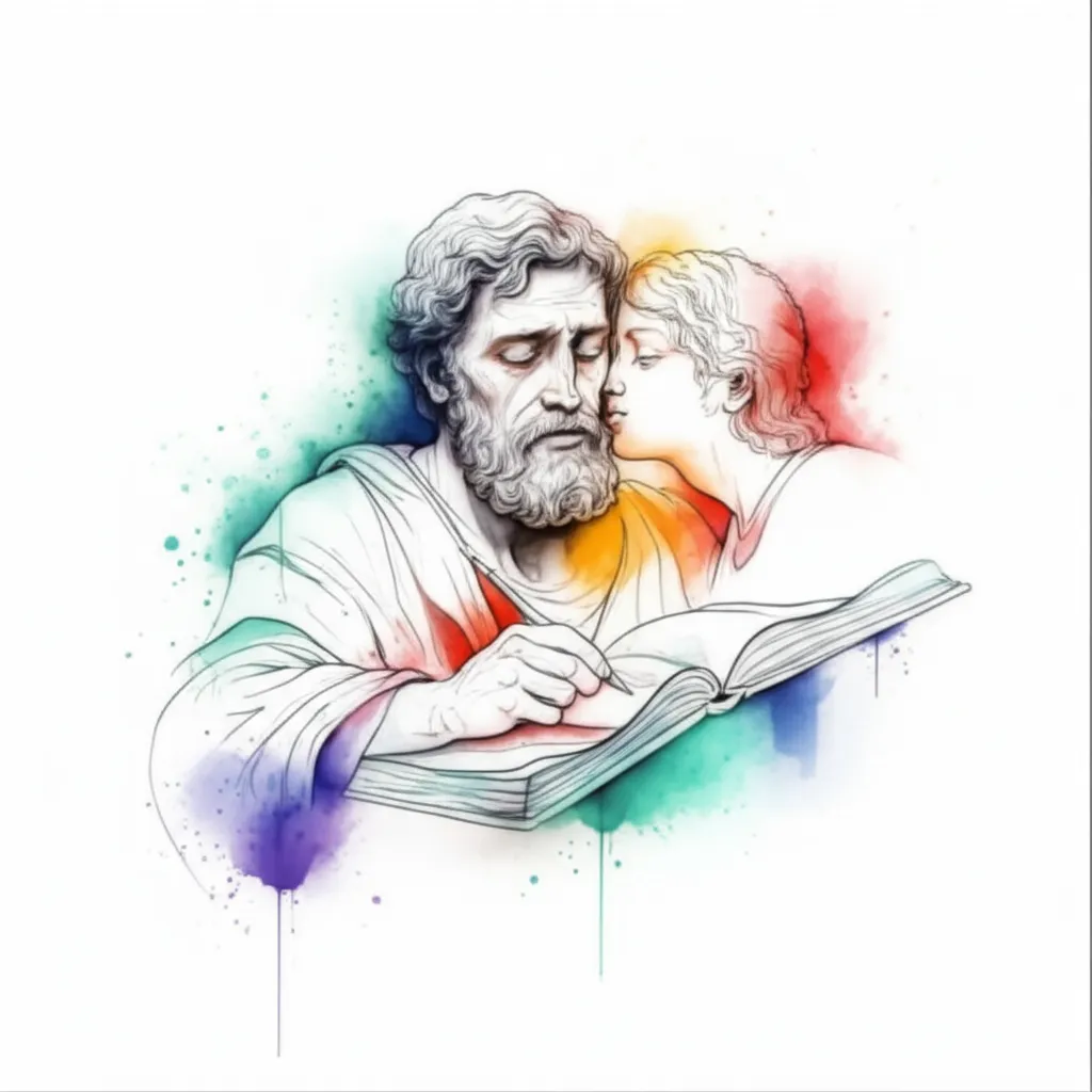 Watercolor Tattoo of Apostle Paul Writing with Angel Whispering Watercolor Tattoo of Apostle Paul Writing with Angel Whispering