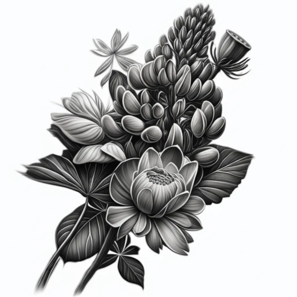 Colorful Realism Floral Tattoo with Lupine and Lotus Flowers