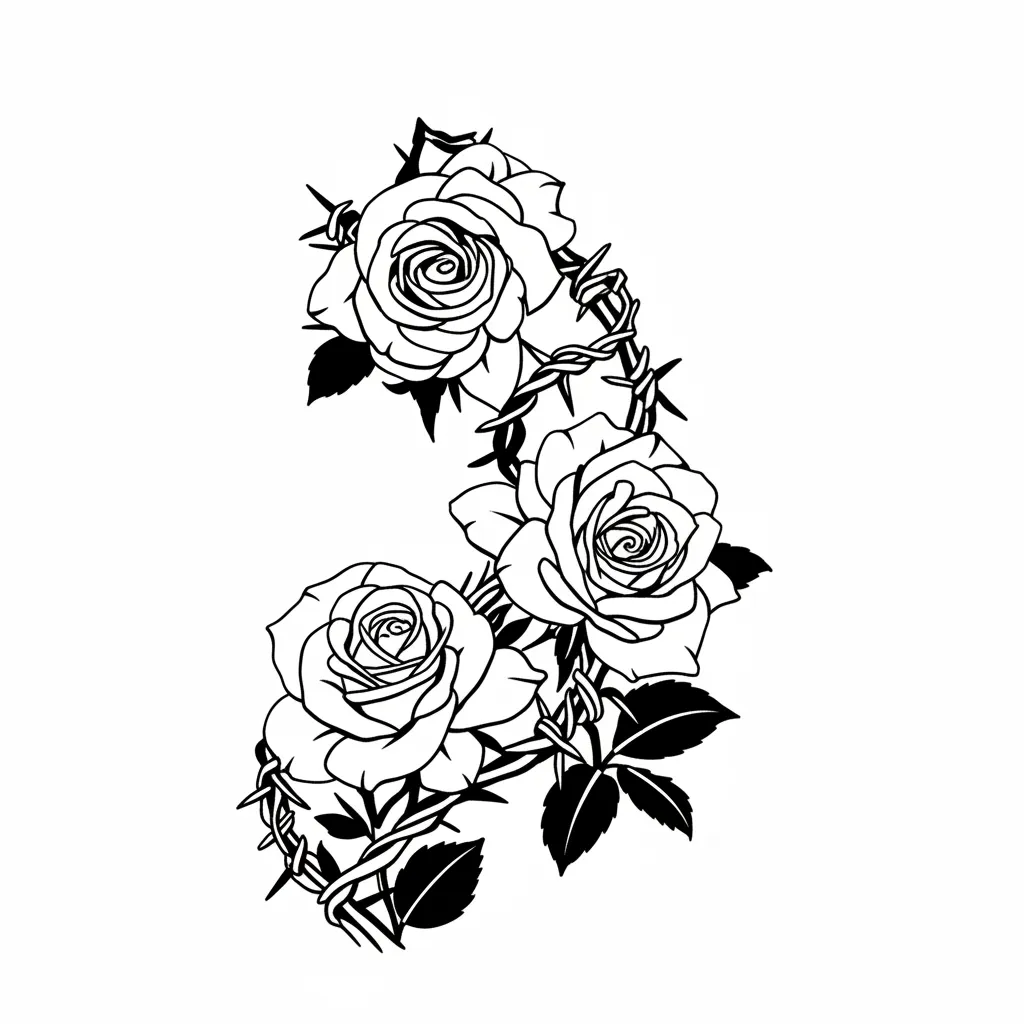 Minimalist Rose and Barbed Wire Tattoo Stencil Design