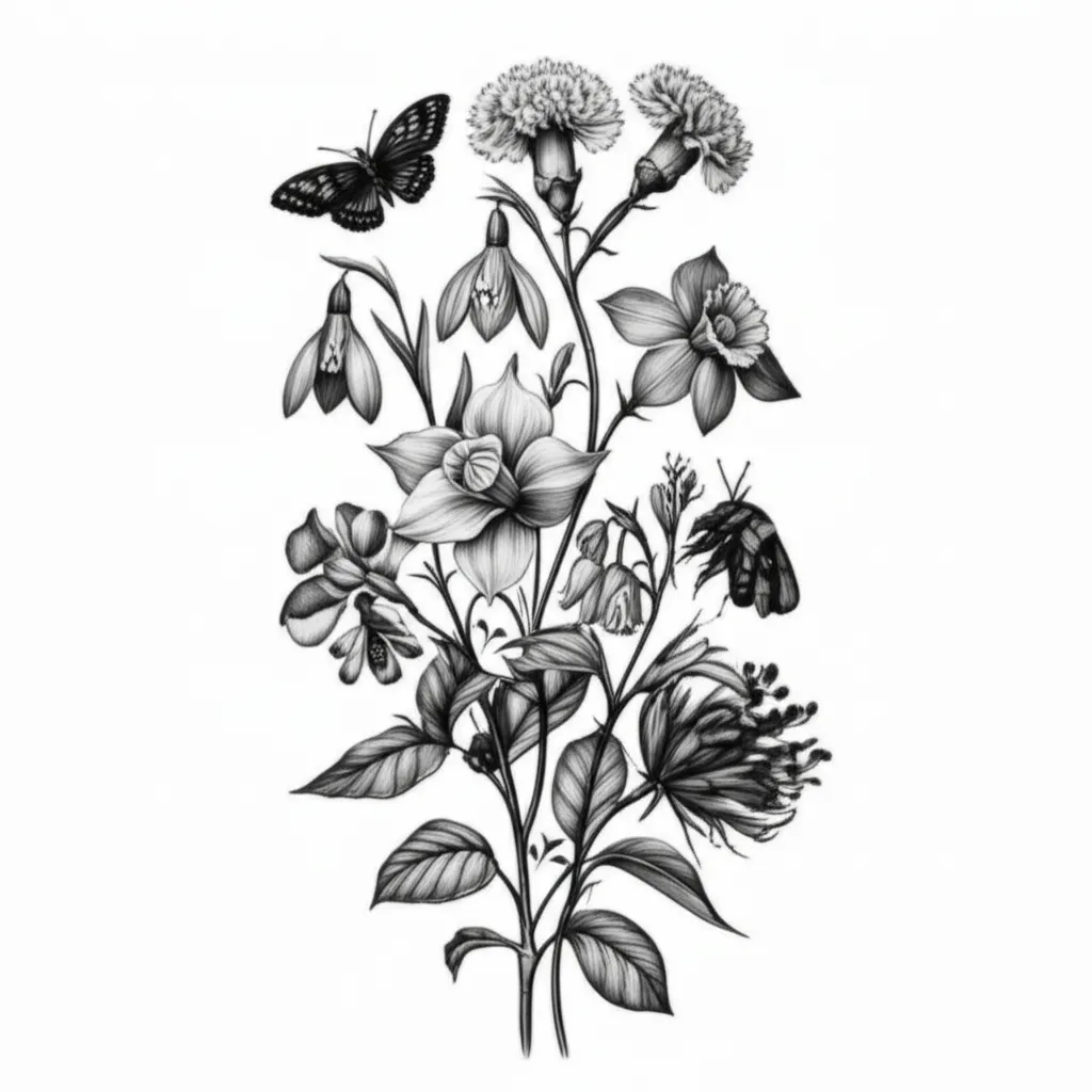 Gothic Black and White Floral Sleeve Tattoo Design with Bees, Moths, and Butterflies