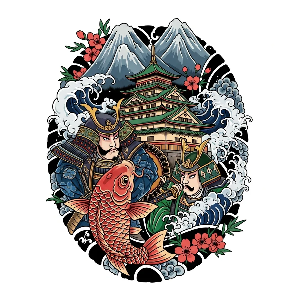 Japanese Traditional Tattoo with Samurai, Koi Fish, and Palace in Mountain Scenery