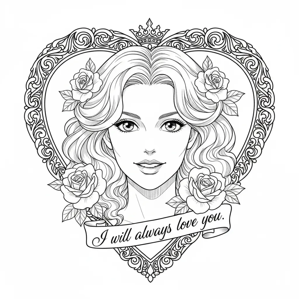 Elegant Black and White Fine Line Tattoo with Roses and Heart Frame
