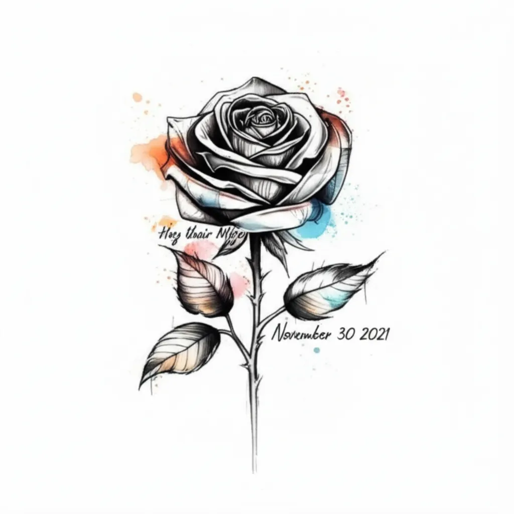 Simple Black Rose Watercolor Tattoo with Personalized Text and Date
