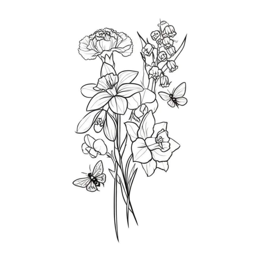 Minimalist Black and White Floral Tattoo with Bees, Moths, and Butterflies