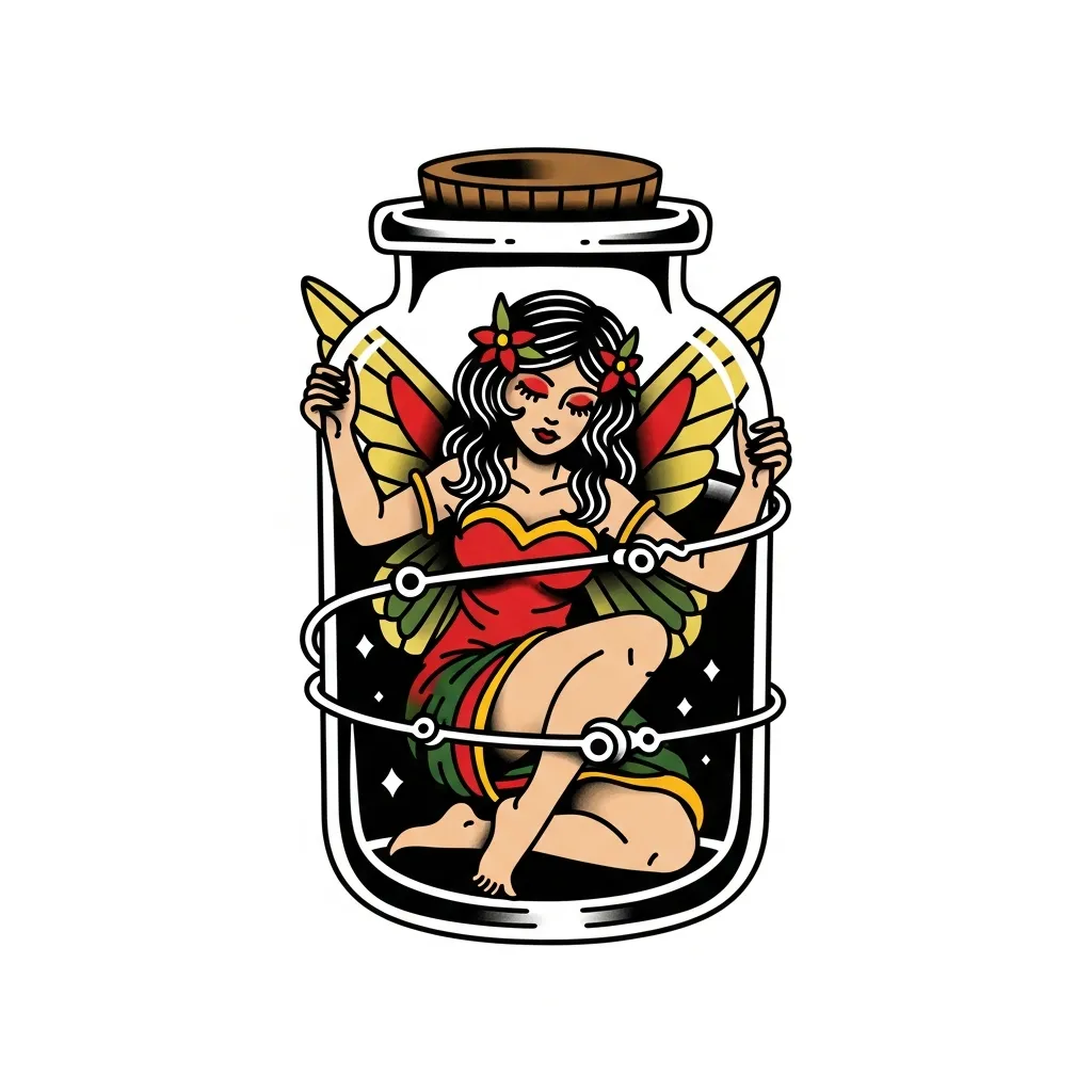 Old School Fairy Goddess Trapped in a Spell Jar Tattoo Design