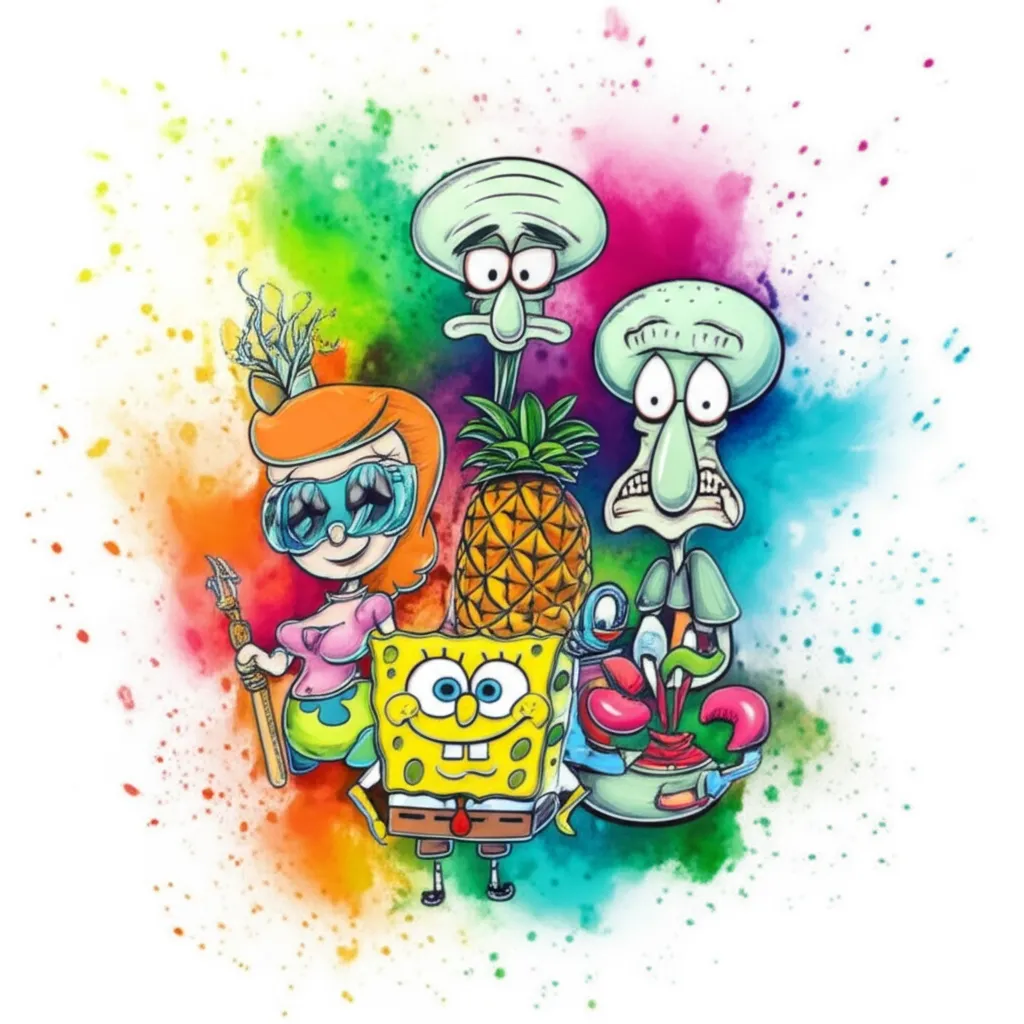 Trippy Watercolor SpongeBob Tattoo with Vibrant Colors and Scary Characters