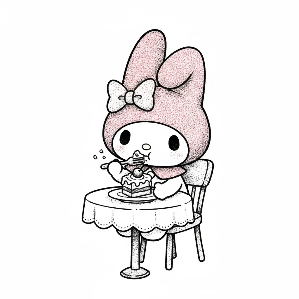 Cute Dotwork Melody Eating Cake Tattoo Design