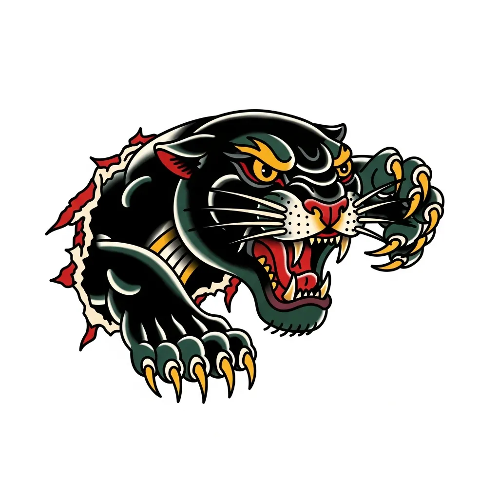 American Traditional Panther Head Tattoo Crawling Through Skin with Claw Marks