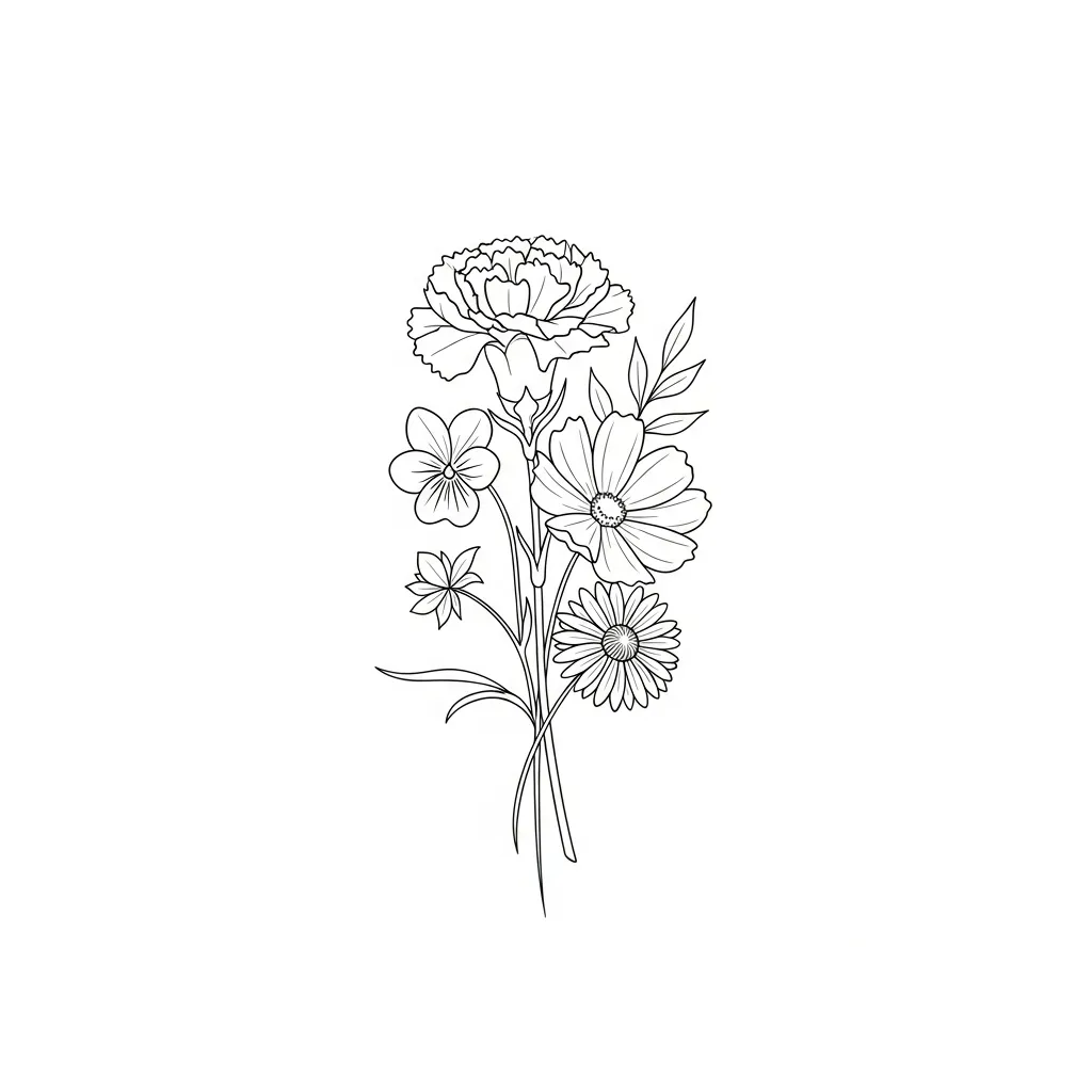 Minimalist Small Bouquet Tattoo Featuring Carnation, Violet, Cosmos, and Chrysanthemum